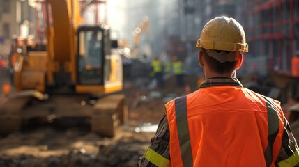 Skilled industrial worker standing and looking at building construction site. Smart civil engineer with safety helmet working and planning house structure while standing surrounded with site. AIG42.