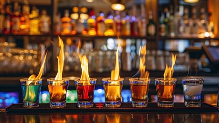 Cocktails Burning Shots and Shooters on bar counter in a restaurant. Generative Ai