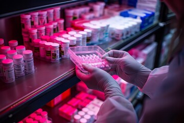 A pharmacist wearing gloves handles medications under a pink light, highlighting pharmaceutical care and precise medication management.