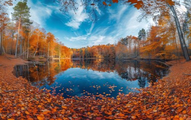 Serene autumn lake surrounded by vibrant orange and yellow trees