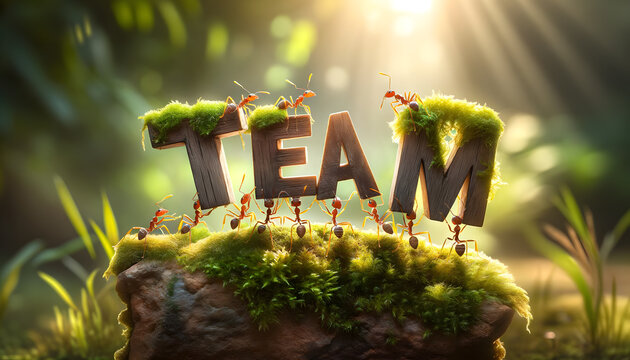 a group of ants working together to lift and hold up large wooden letters spelling out "TEAM". The scene is set on a moss-covered rock with a softly blurred natural background 