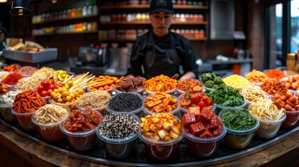 Fototapeta premium A diverse buffet of different foods in a market with an attending chef