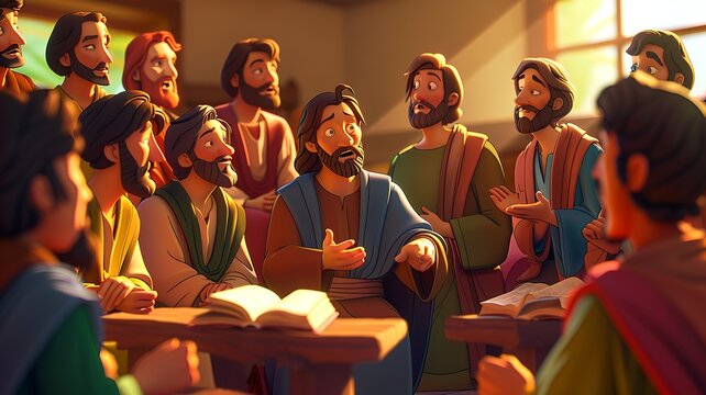 Step into the triumphant cartoon scene where Jesus commissions his twelve disciples to spread his message of love and salvation worldwide. Jesus, with compassion and authority in his gaze,