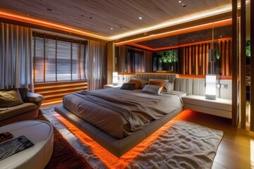Bedroom Lighting. Modern Master Bedroom Interior with Sitting Area