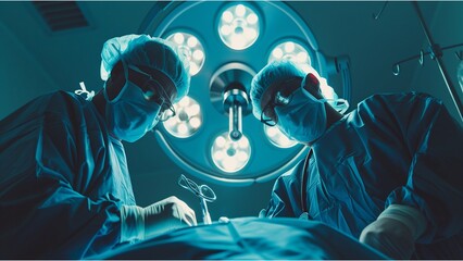 two surgeons in a surgical theater, deeply focused on a procedure
