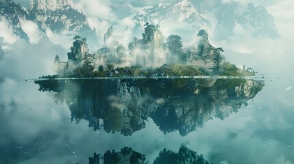 A dreamlike world of floating islands and mystical creatures mirroring the ethereal and otherworldly covers of ambient and new age records.