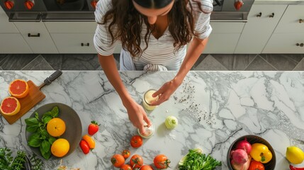 Person preparing a smoothie in a modern minimalist kitchen