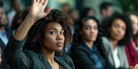 Obraz premium Black People In Line. Business Black Woman Raising Hand to Answer in Interview Meeting with Candidate Group in Office
