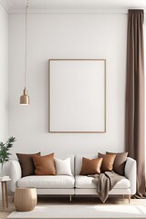 Living Room with White Walls with Canvas Art Mockup, Brown Pillow and Curtain Accents, Scandinavian Minimal Interior for Home or Office, 3D Rendering

