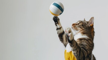 A cat in a volleyball uniform, blocking a ball like a human, on a simple white background with copy...