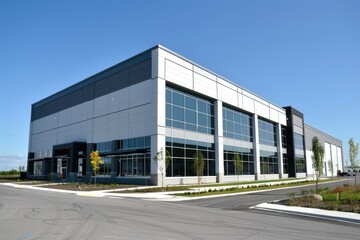 Building Lot. Modern Grey Industrial Warehouse and Distribution Center with White Car Park