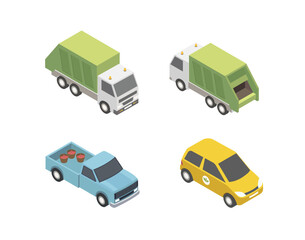 Transportation illustration set. Isometric car, garbage truck, cargo minivan Eco friendly vehicle concept. Vector illustration.