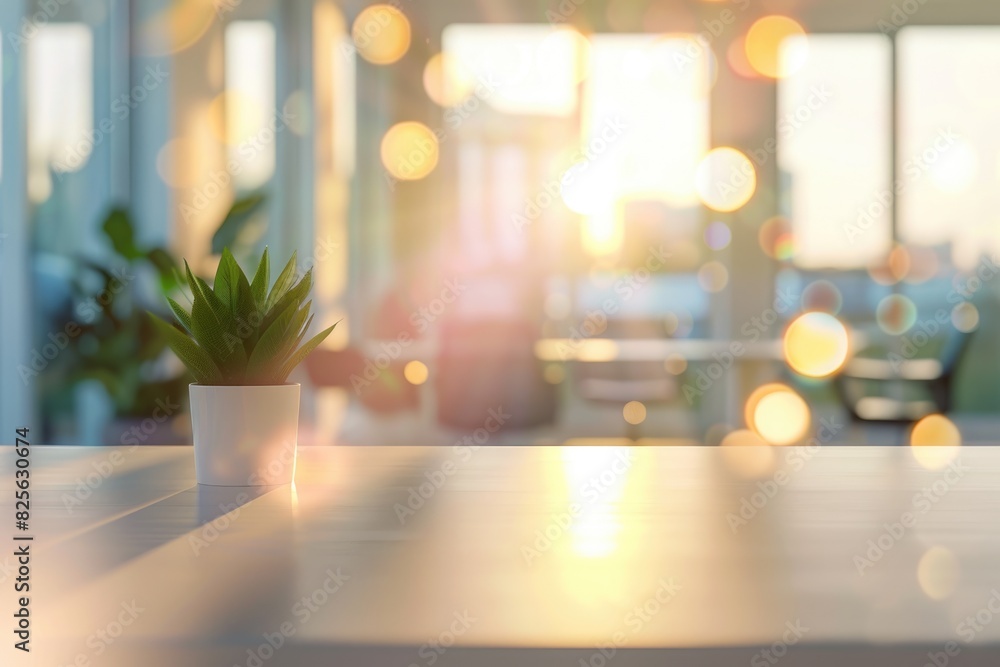 Poster desk abstract. beautiful blurred office interior with panoramic windows and modern lighting