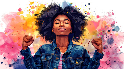 Confident woman expression of empowerment, colorful abstract portrait art, determined strong