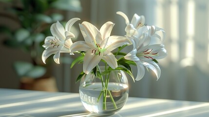 Glass of fresh lily flowers in glass vase in a modren house - Generative Ai