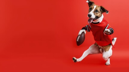 A dog in football gear, kicking a field goal like a human, on a solid red background with copy space on the left side