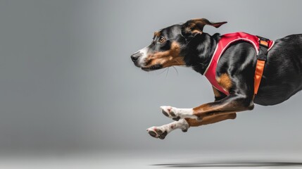 A dog in track and field attire, sprinting like a human athlete, on a solid grey background with copy space on the left side