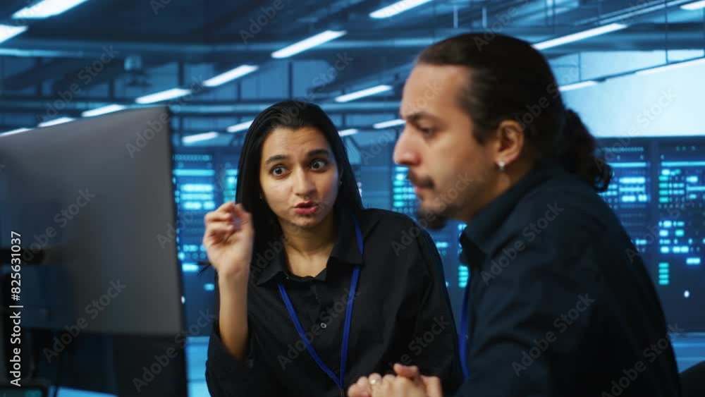 Poster programmers talking in high tech server hub, using pcs to analyze data. colleagues examining infrast