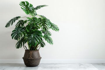 Floor Plant. Decorative Botanical Background with Tropical Leaves Near White Wall