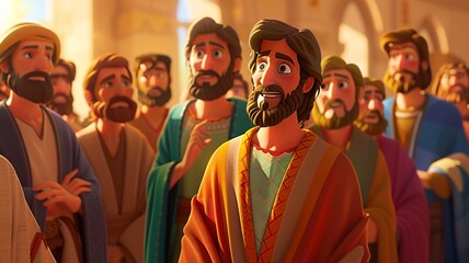 Step into the triumphant cartoon scene where Jesus commissions his twelve disciples to spread his message of love and salvation worldwide. Jesus, with compassion and authority in his gaze,