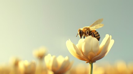Charming 3D bee on a flower with only one petal left, minimal style, warm colors, soft focus,...