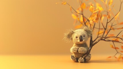 Tiny 3D koala with a burnt tree, minimalistic, warm tones, simple composition, illustrating bushfires and climate change