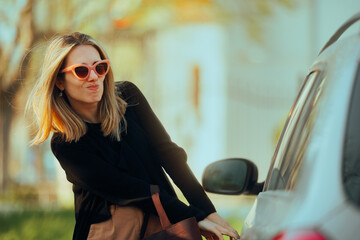 Desperate Woman Pulling on a Locked car Door. Frustrated driver remaining locked outside her...