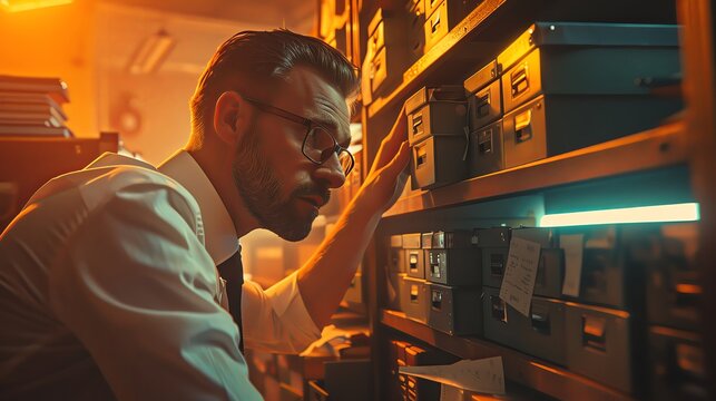 A detective in the office of an unobtrusive boss is searching through messy file cabinets for documents, warm colors, closeup.