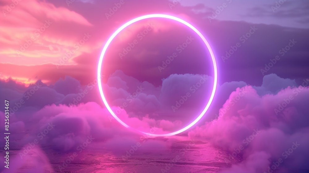 Poster linear circle. three-dimensional cloud with neon ring glow in abstract geometric background