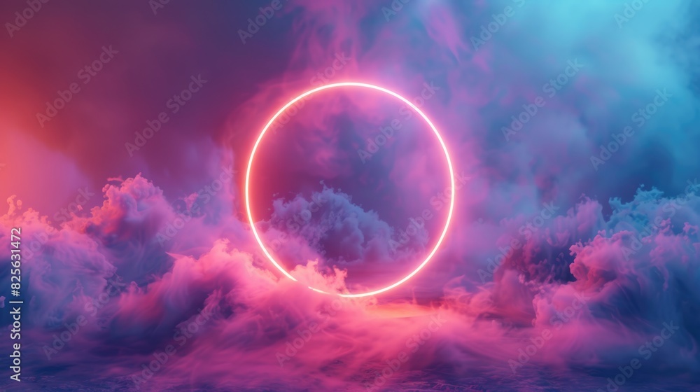 Poster linear circle. three-dimensional neon ring inside soft colorful cloud