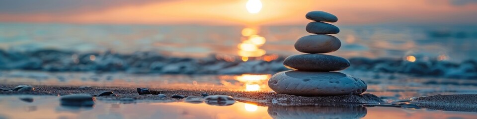 Plakat Nature Balance. Sunset Stones Pyramid on Seashore with Pebble and Ocean View
