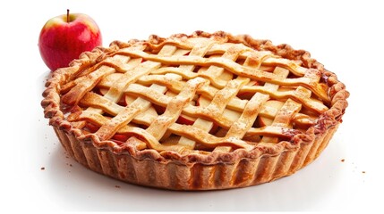 Pie on White Background. Homemade Apple Pie with Lattice Pastry for Autumn Baking