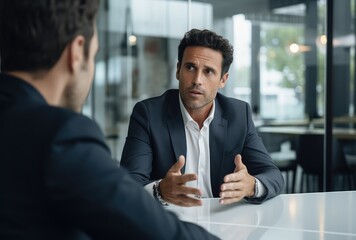 a man in a suit is sitting at a table with another man in a suit.