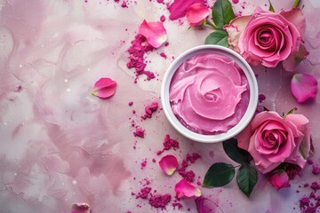 Spa Pink. Alternative Beauty Care with Clean Skincare Products and Rose Flowers for Home Aromatherapy Treatment