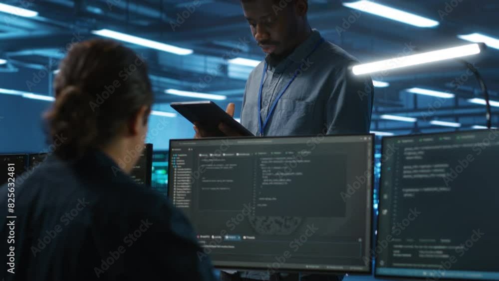 Poster manager overseeing team and doing system analysis of server farm supercomputers using tablet. man su