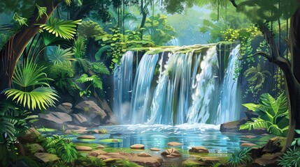 Waterfall Graphic in Jungle: Illustration of Beautiful Nature Scenery with Water Splash Background