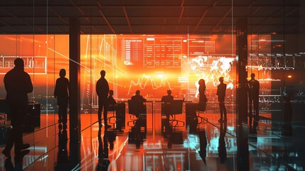 A dynamic and professional meeting room scene with business people in silhouette, surrounded by holographic graphs showing growth and an orange gradient sky outside the window, symbolizing innovation