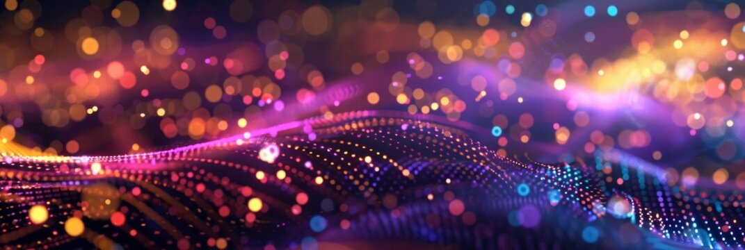 a workflow being optimized, conexions, neon, webflows, yellow gold palette mixed to purple palette