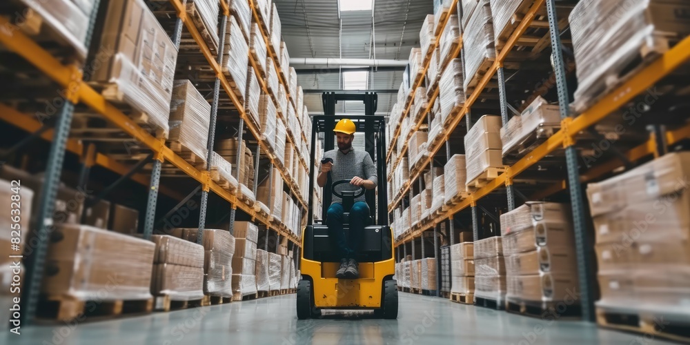 Poster smart warehouse worker or operator driving forklift and lifted product surrounded with box at storag