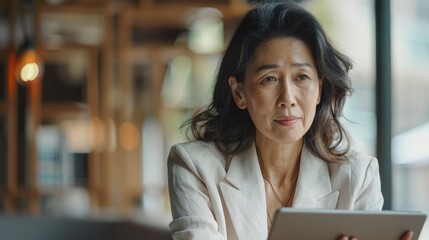 A Professional Asian Aged Businesswoman Uses A Tablet While Leaning On A Table, Immersed In Her Work With Focus And Determination, High Quality