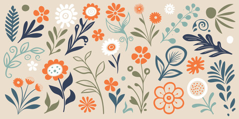 Hand drawn plant elements, flowers and leaves, vector design