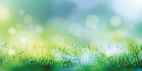 Obraz premium Wild grass on a spring morning, bright spring meadow, vector illustration, bokeh effect 