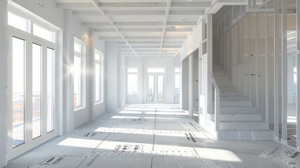 Renovated indoor construction site with panoramic windows and white walls