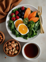 A plate filled with kidney-friendly foods, such as leafy greens, berries, fish, and nuts, highlighting the role of nutrition in maintaining kidney health. with Generative AI Technology