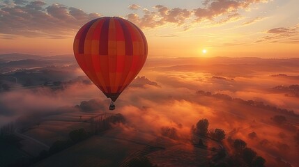 Hot air balloon floats in the golden sunrise in the sky - Generative Ai - Powered by Adobe
