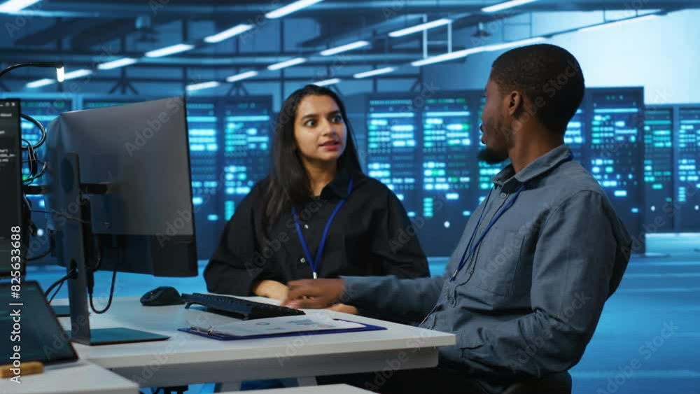 Poster multiracial team of it engineers in server room brainstorming ways to fix equipment storing datasets