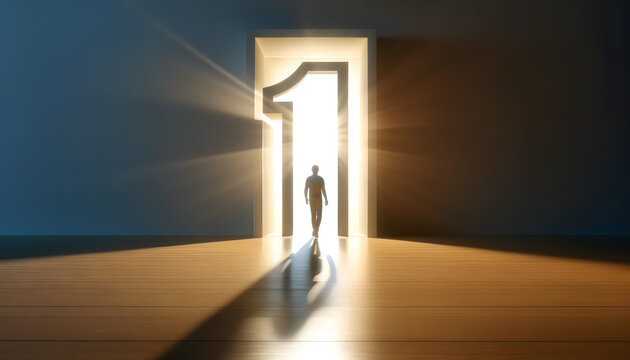 a single figure walking towards a large, bright number '1' shaped doorway. The minimalist scene features a wooden floor and plain walls.