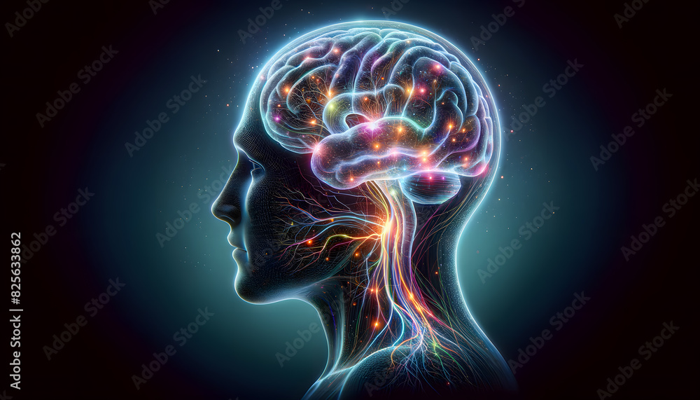 Poster a detailed and realistic side profile of a human brain with neural connections vividly highlighted. 