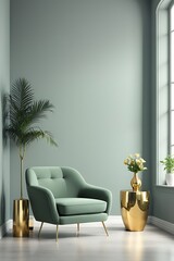 Grey Green Living Room for Lounge Area with Accent Gold Table, Decor, and Empty Wall Background, Modern Interior Design for Home or Hotel, 3D Rendering

