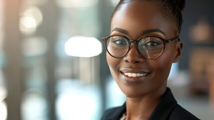 A Smiling African American Businesswoman, Stylishly Wearing Eyeglasses, Gazes At The Camera, High Quality